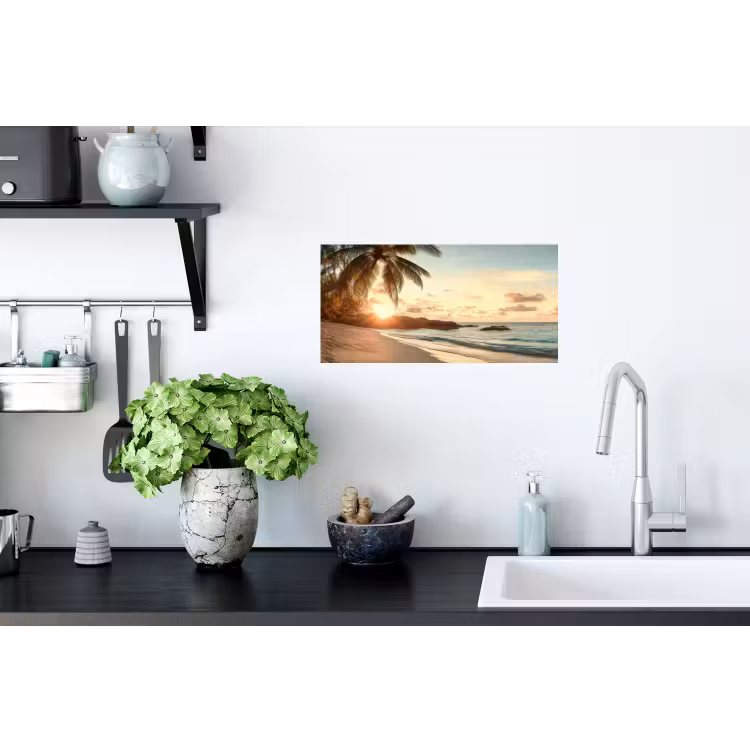 Strand - Palmbomen - Oceaan - Zonsondergang Muursticker klein -keuken