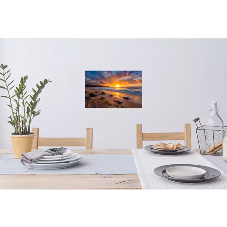 Strand - Zonsondergang - Golven - Natuur - Oranje Muursticker klein -eettafel