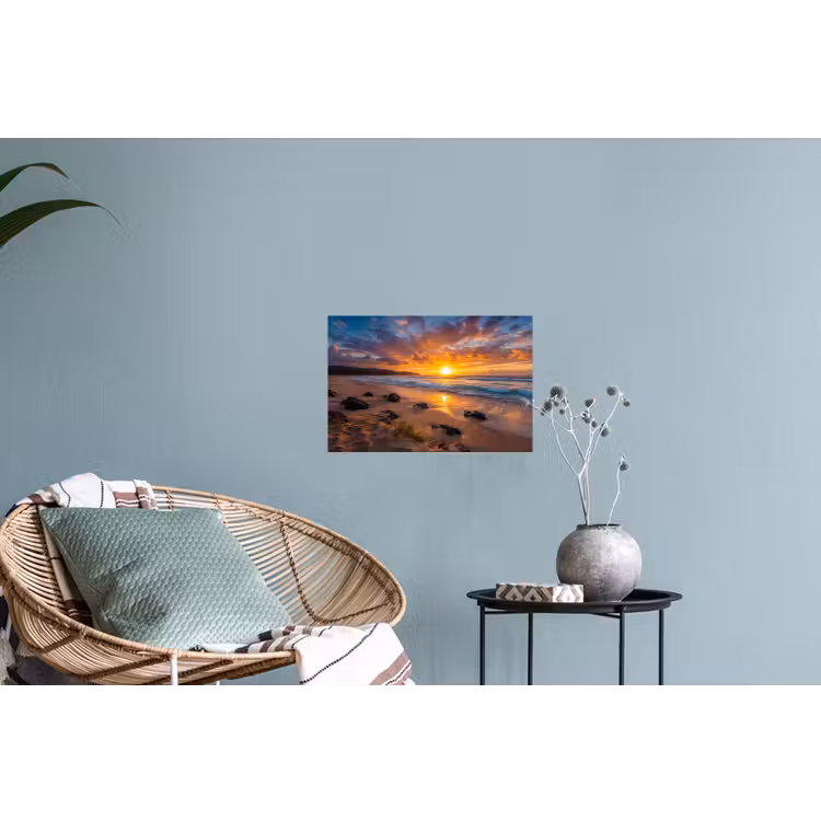 Strand - Zonsondergang - Golven - Natuur - Oranje Muursticker klein -plant