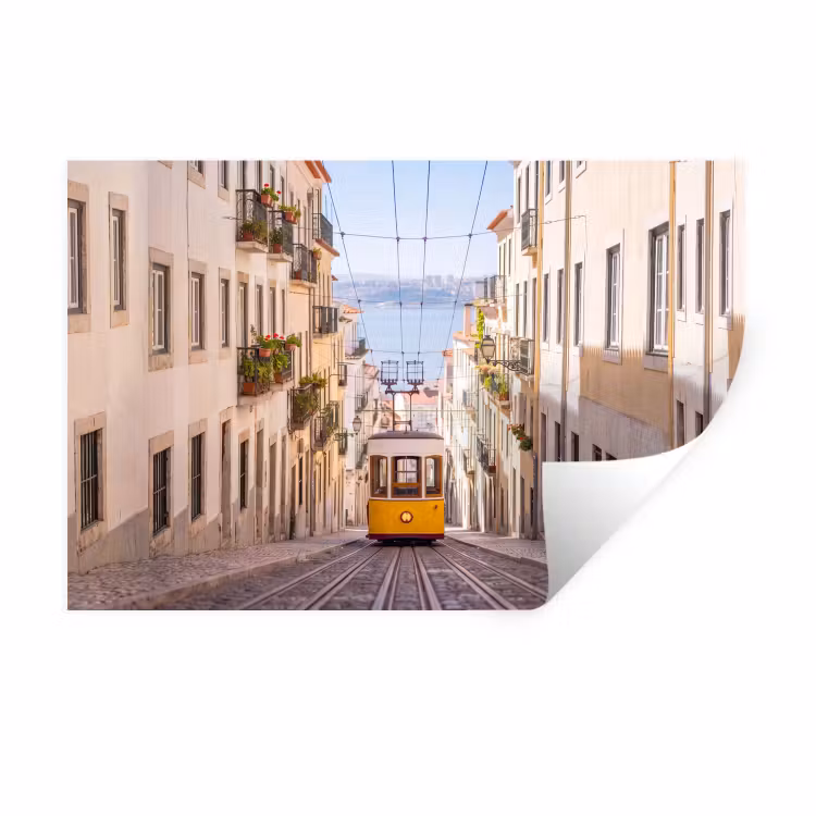Tram - Straat - Stad - Architectuur - Geel Muursticker klein -3d