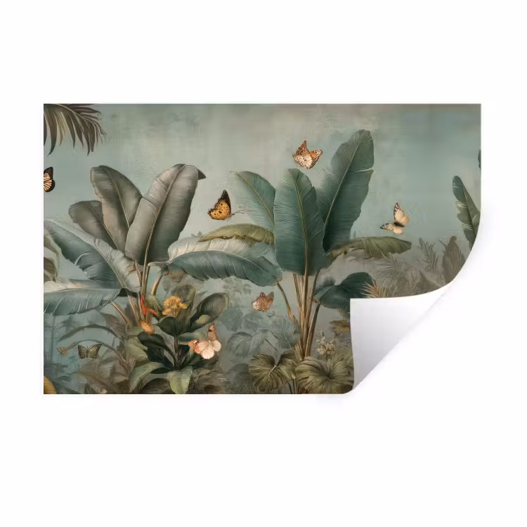 Tropisch bladerdek - Vlinders - groen - Bruin Muursticker klein -3d