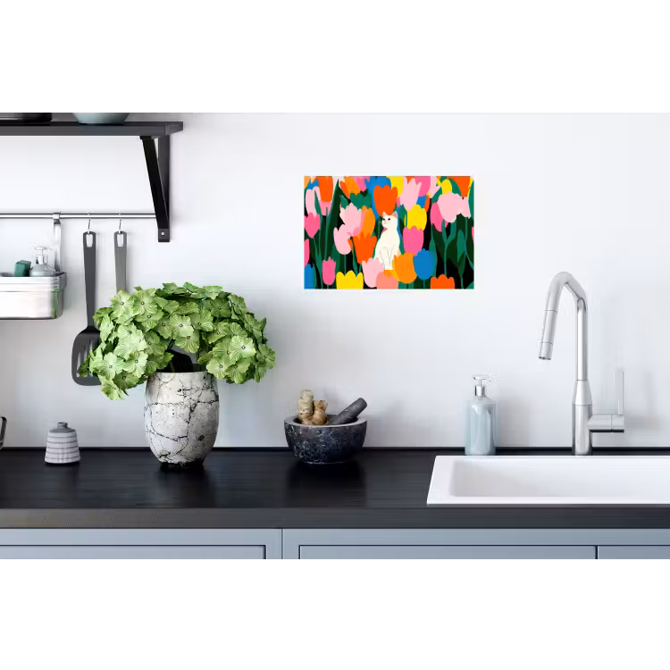 Tulpen - Kat - Kleurrijk Muursticker klein -keuken