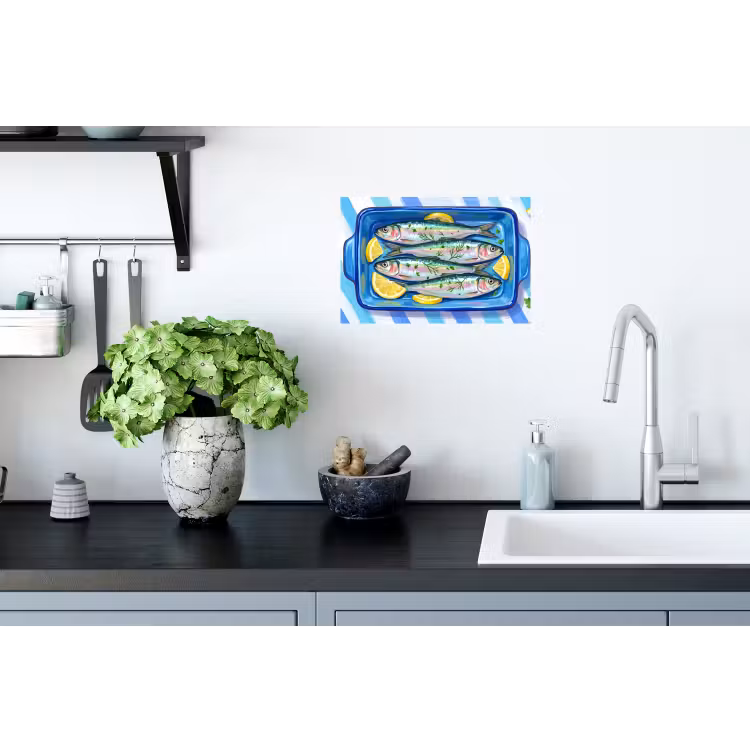 Vis - Citroen - Kruiden - Eten - Blauw Muursticker klein -keuken