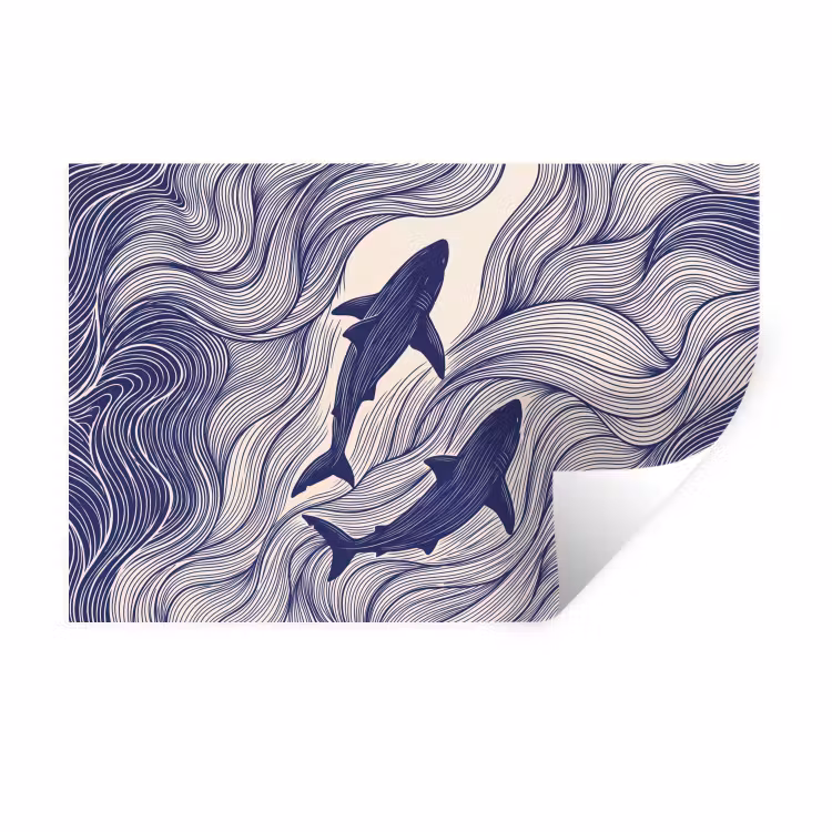 Vis - Oceaan - Lijntekening - Blauw - Dieren Muursticker klein -3d