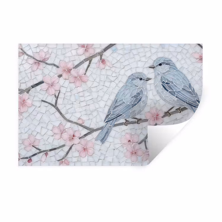 Vogel - Bloemen - Natuur - Mozaïek - Roze Muursticker klein -3d