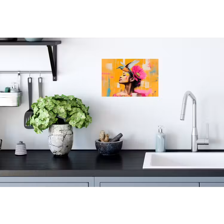 Vogel - Vrouw - Abstract - Bloem Muursticker klein -keuken