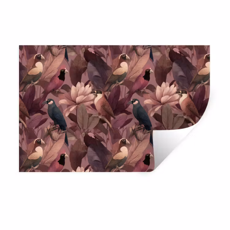 Vogels - Bladeren - Roze Muursticker klein 286 -3d