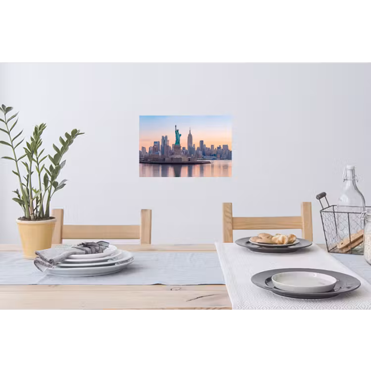 Vrijheidsbeeld - New York - Zonsopgang - Stad - Architectuur Muursticker klein -eettafel