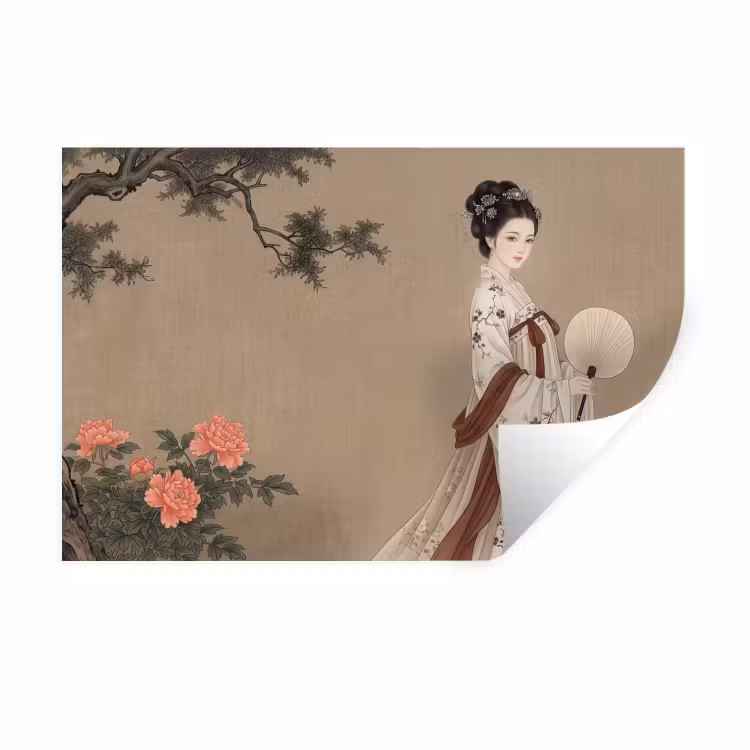 Vrouw - Azië - Kunst - Beige Muursticker klein -3d