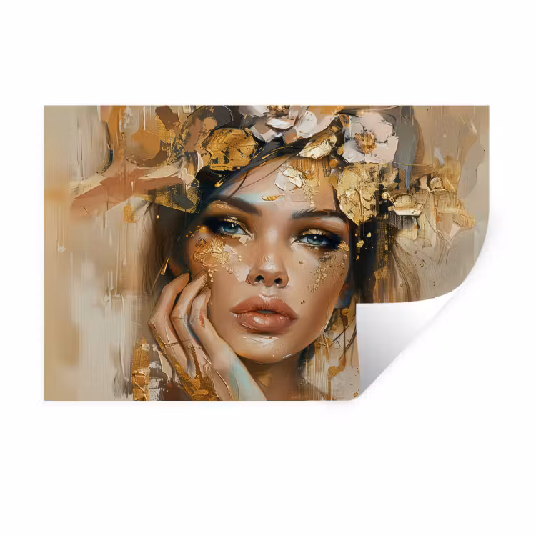 Vrouw - Bloemen - Goud - Portret Muursticker klein -3d