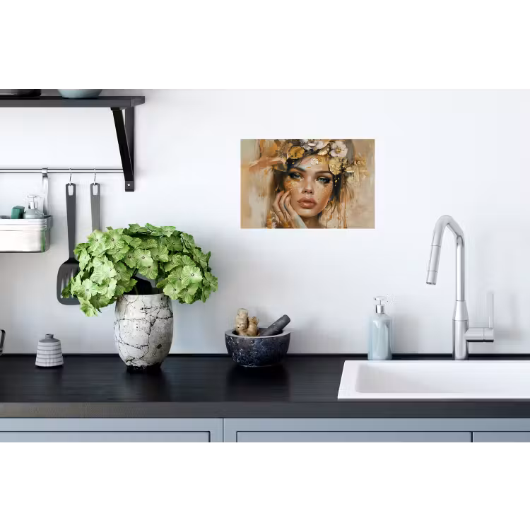 Vrouw - Bloemen - Goud - Portret Muursticker klein -keuken