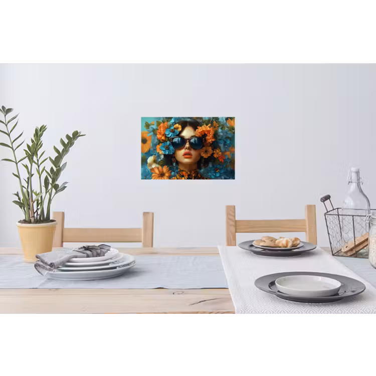 Vrouw - Bloemen - Oranje - Blauw - Modern Muursticker klein -eettafel