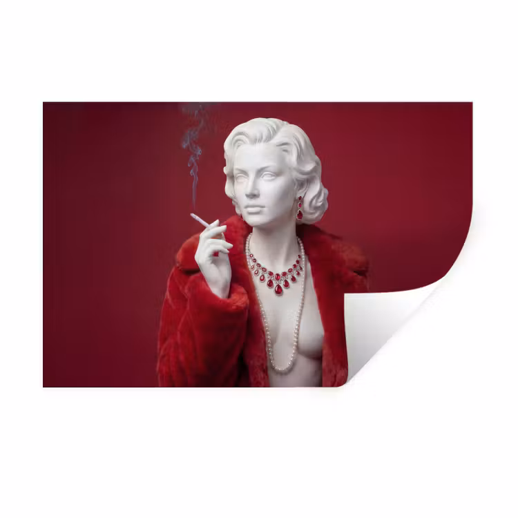 Vrouw - Bontjas - Mode - Klassiek - Rood Muursticker klein -3d