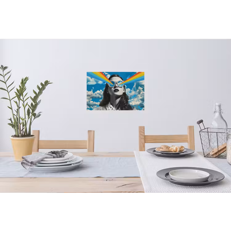 Vrouw - Bril - Regenboog - Wolken Muursticker klein -eettafel