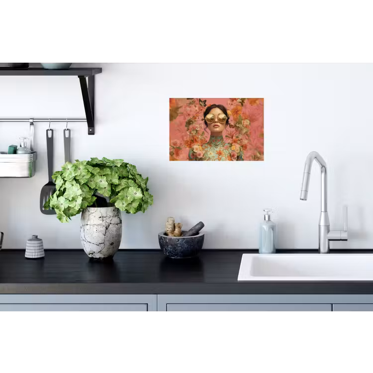 Vrouw - Bril - Roze - Bloemen Muursticker klein -keuken
