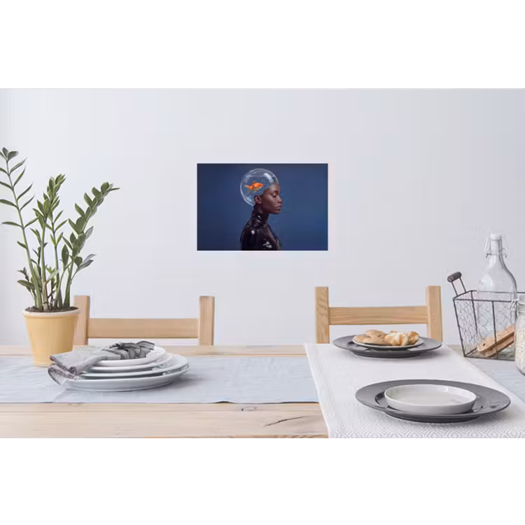 Vrouw - Goudvis - Hoofd - Abstract - Blauw Muursticker klein -eettafel