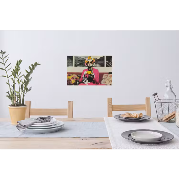 Vrouw - Kat - Bloemen - Kopje - Retro Muursticker klein -eettafel