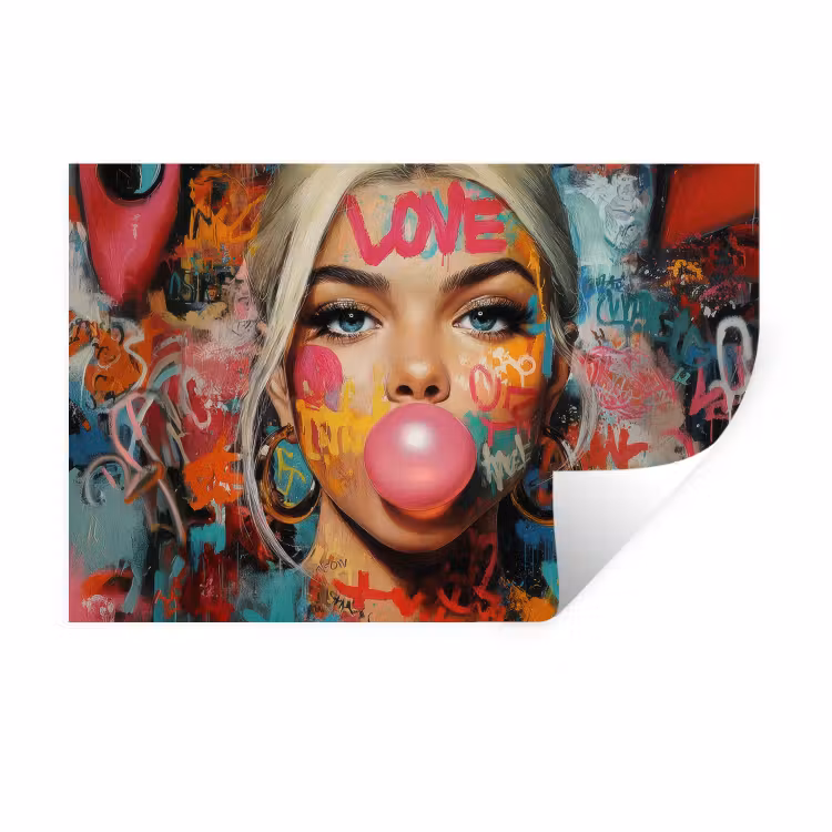 Vrouw - Kauwgom - Graffiti - Love Muursticker klein -3d