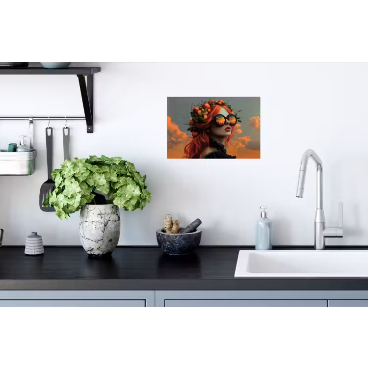 Vrouw - Kroon - Tomaat - Bascilicum - Zonnebril Muursticker klein -keuken