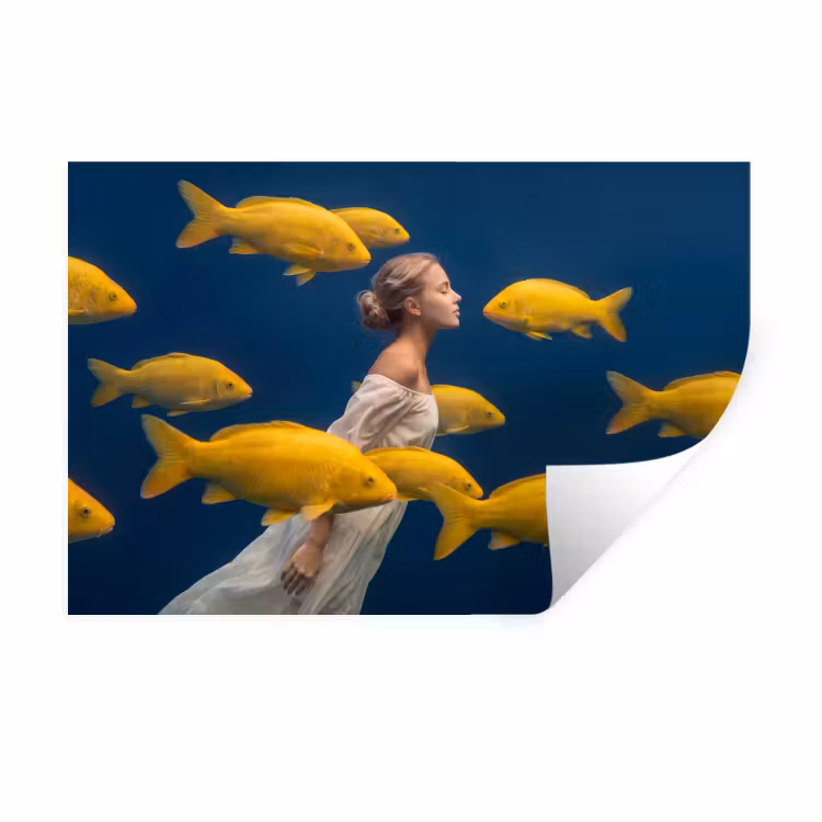 Vrouw - Vis - Water - Natuur - Geel Muursticker klein -3d