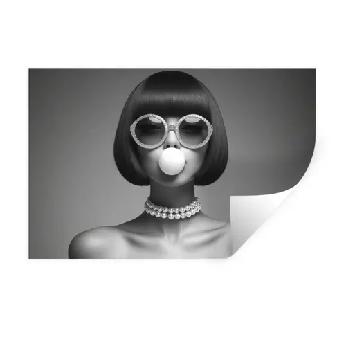 Vrouw - Zwart Wit - Ketting - Zonnebril Muursticker klein -3d