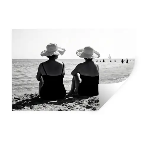Vrouwen - Zonnehoed - Strand - Zwart - Wit Muursticker klein -3d