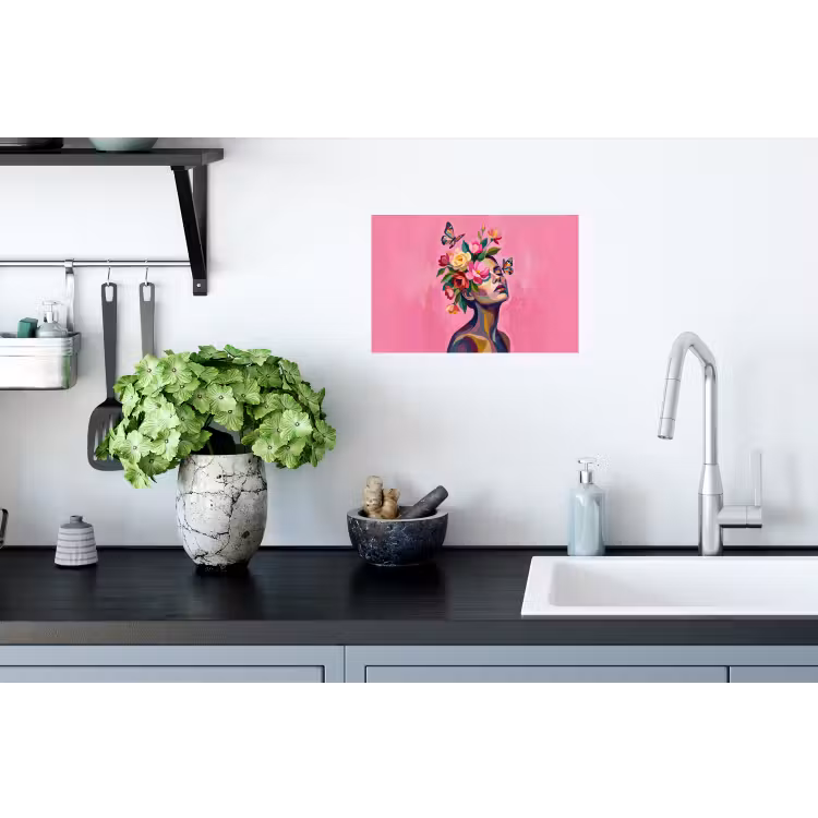 Vrouwengezicht - Vlinders - Kleurrijk Muursticker klein -keuken