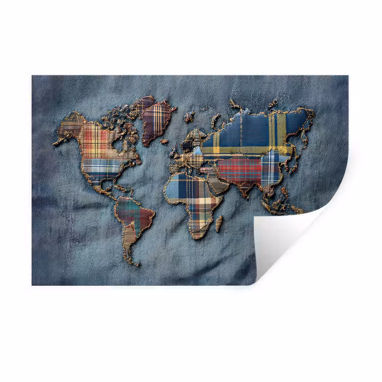 Wereldkaart - Denim - Textiel Muursticker klein -3d