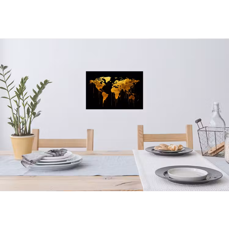 Wereldkaart - Goud - Druipen - Zwart Muursticker klein -eettafel