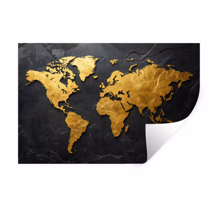 Wereldkaart - Goud - Steen Muursticker klein -3d