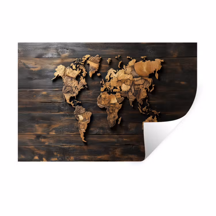 Wereldkaart - Hout - Mozaïek Muursticker klein -3d