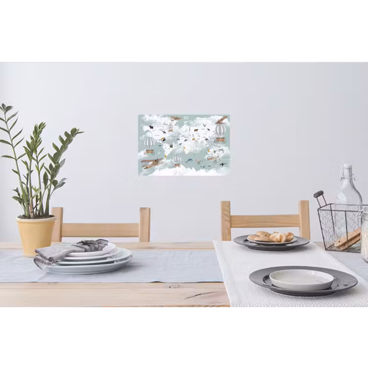 Wereldkaart - Kind - Vliegtuig Muursticker klein -eettafel