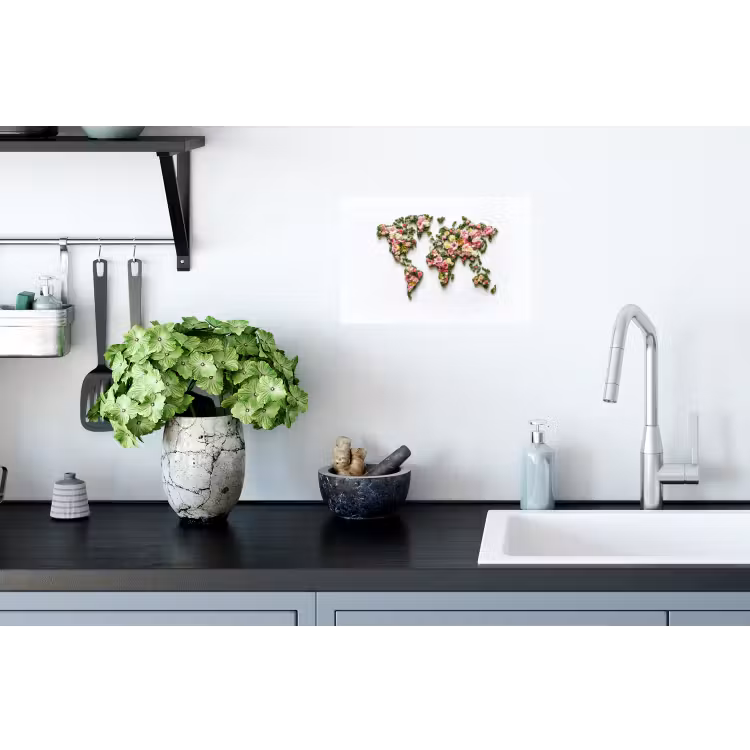 Wereldkaart - Kleurrijk - Bloemen - Lente Muursticker klein -keuken