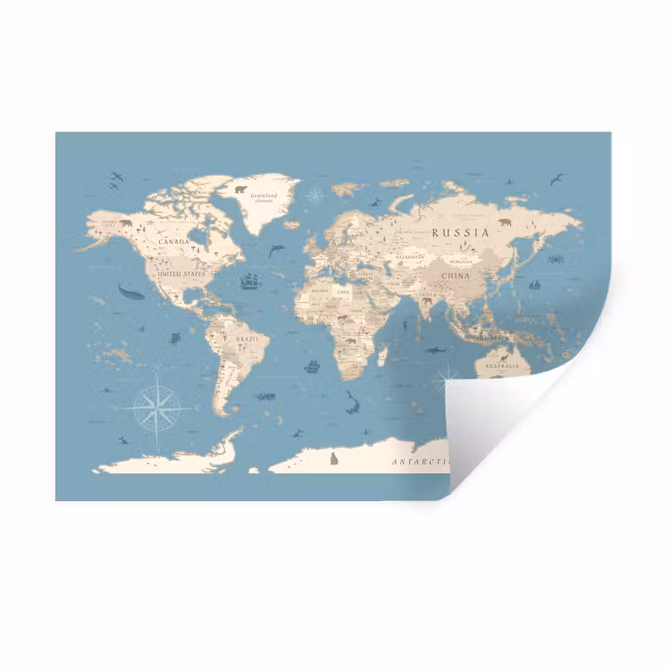 Wereldkaart - Oceaan - Realistisch - Blauw Muursticker klein -3d