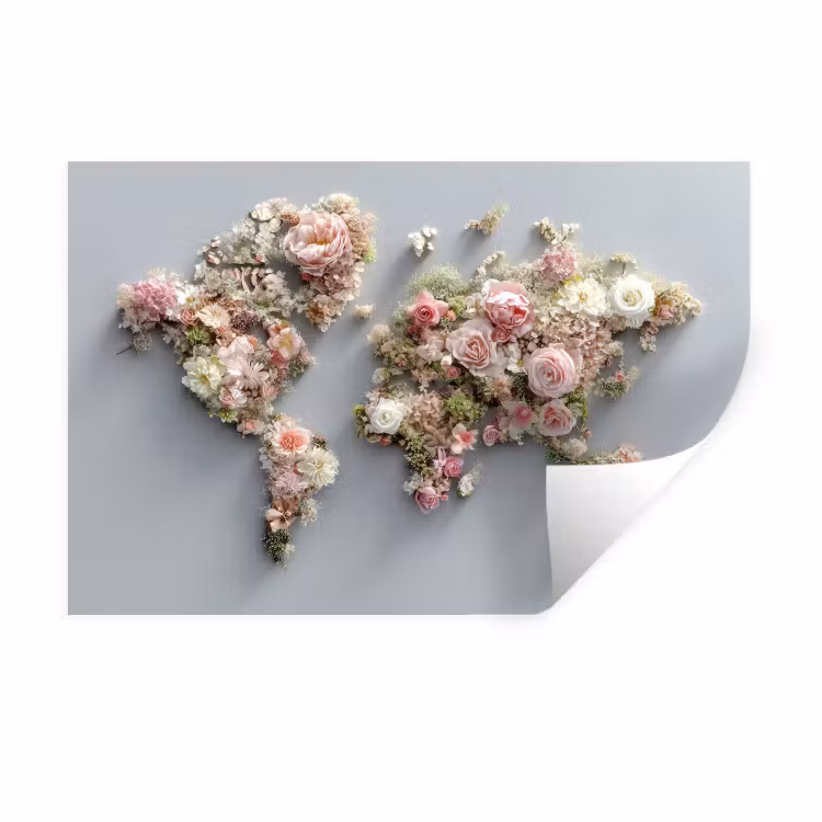 Wereldkaart - Rozen - Roze Muursticker klein -3d