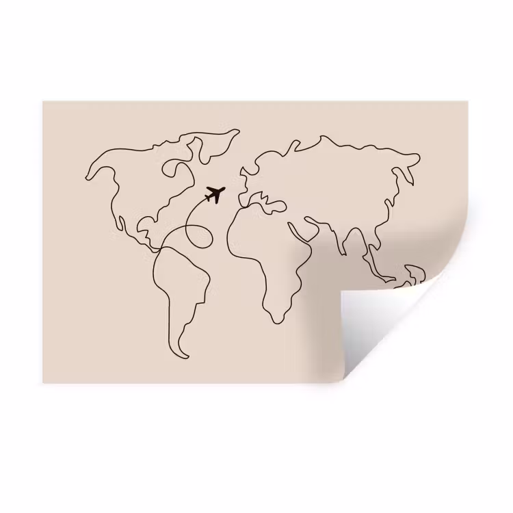Wereldkaart - Simpel - Vliegtuig Muursticker klein -3d