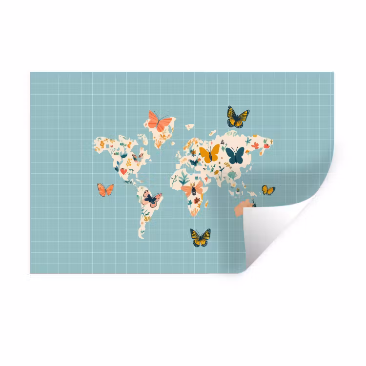 Wereldkaart - Vlinders - Dromerig Muursticker klein -3d