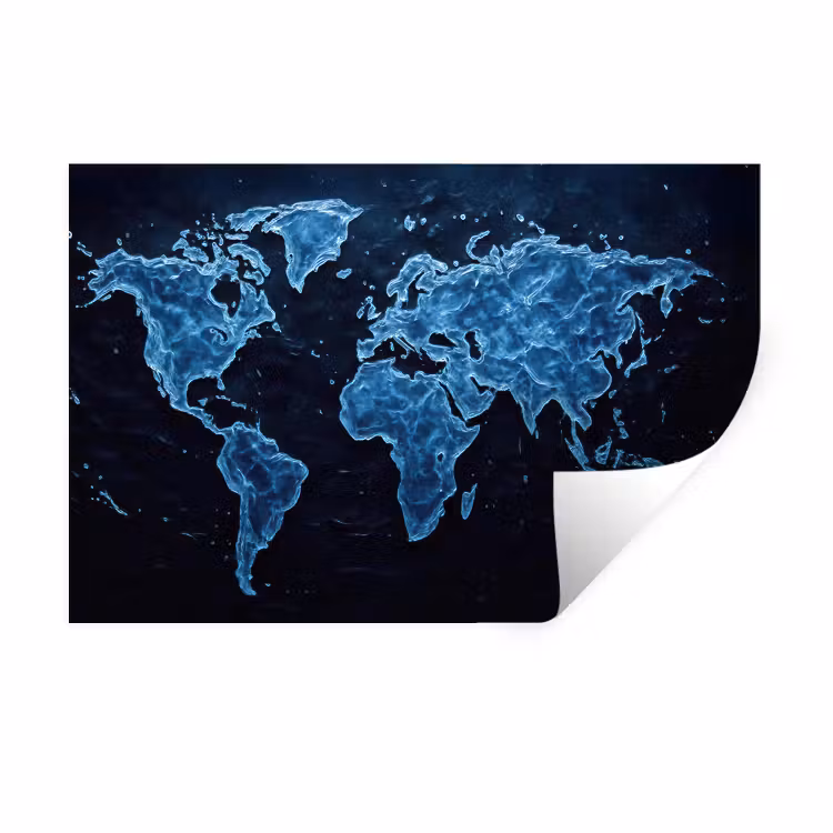 Wereldkaart - Waterstructuur - Blauw Muursticker klein -3d