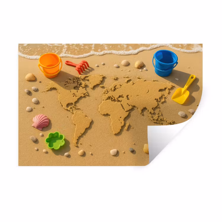 Wereldkaart - Zand - Kleurrijk - Zomer Muursticker klein -3d