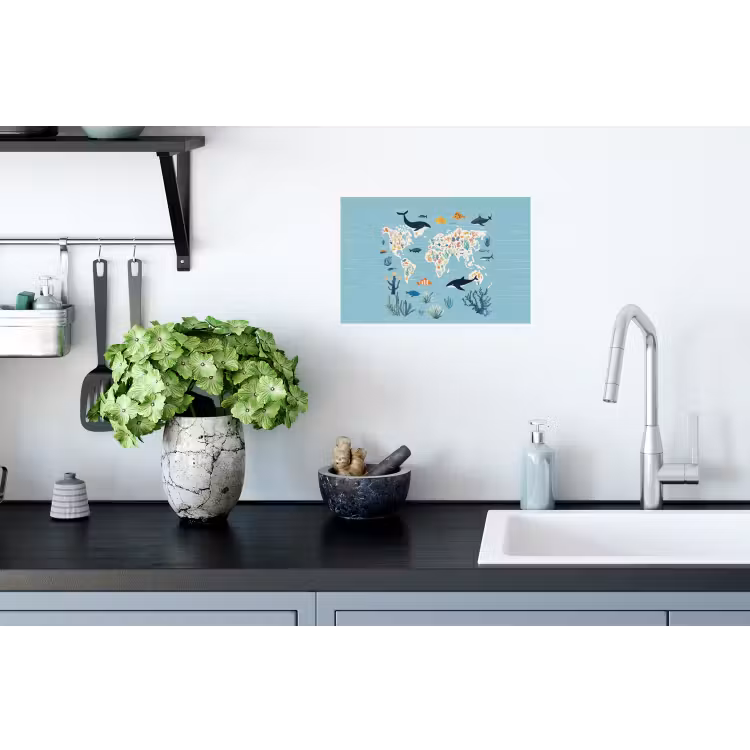 Wereldkaart - Zeeleven - Blauw Muursticker klein -keuken