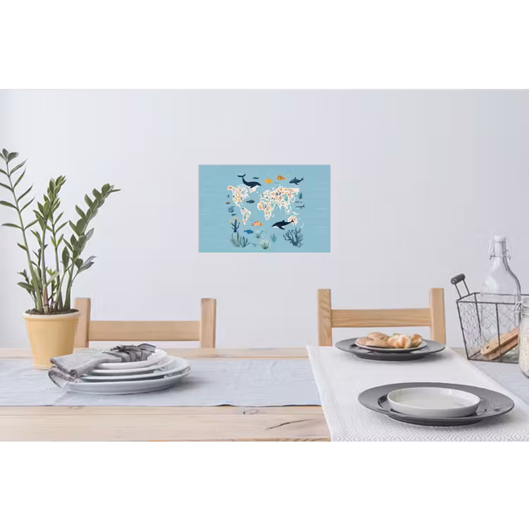 Wereldkaart - Zeeleven - Blauw Muursticker klein -eettafel