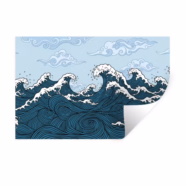Zee - Golven - Japans - Natuur - Blauw Muursticker klein -3d