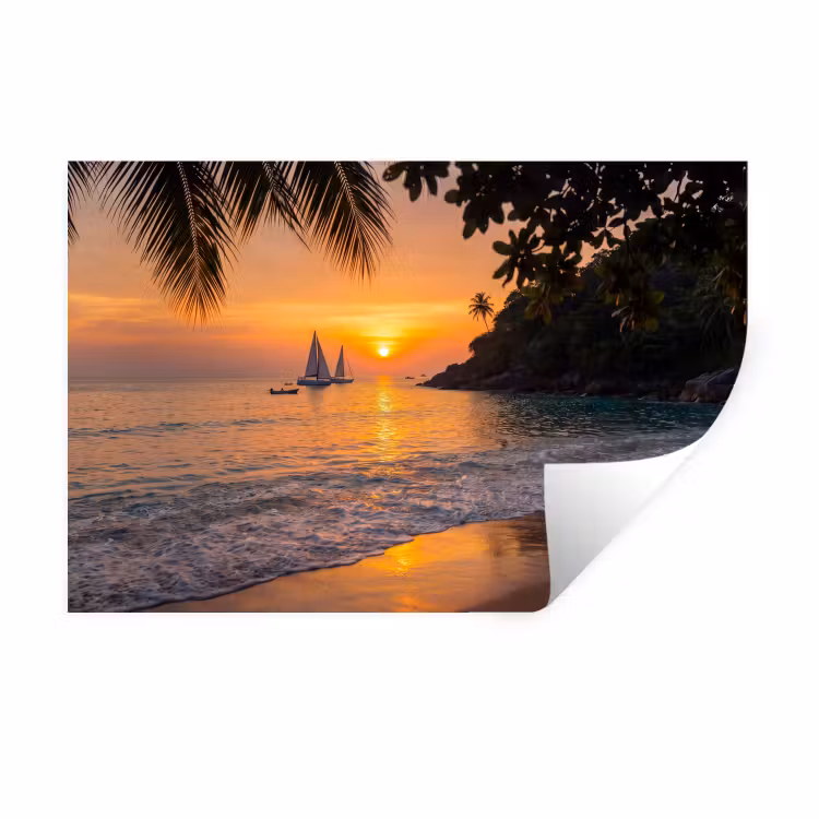 Zee - Zonsondergang - Boot - Natuur - Oranje Muursticker klein -3d