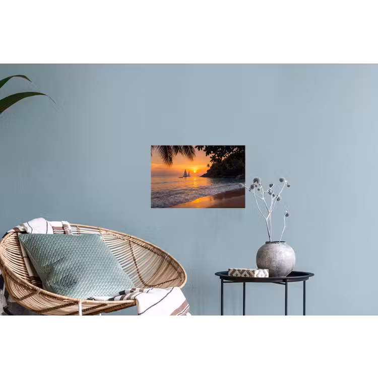 Zee - Zonsondergang - Boot - Natuur - Oranje Muursticker klein -plant