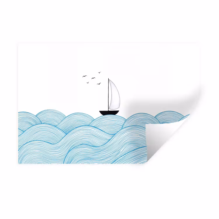 Zeilboot - Golven - Zee - Illustratie - Blauw Muursticker klein -3d