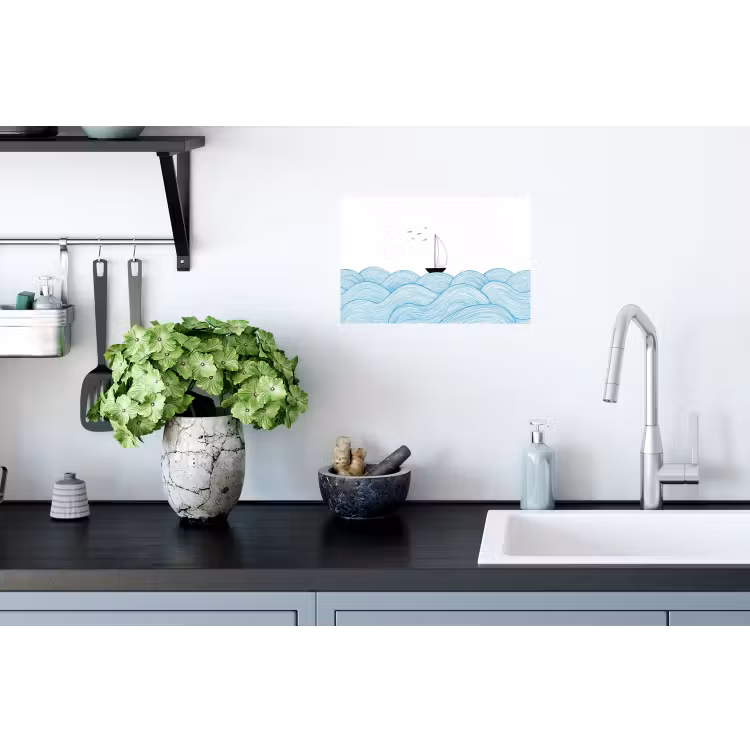 Zeilboot - Golven - Zee - Illustratie - Blauw Muursticker klein -keuken