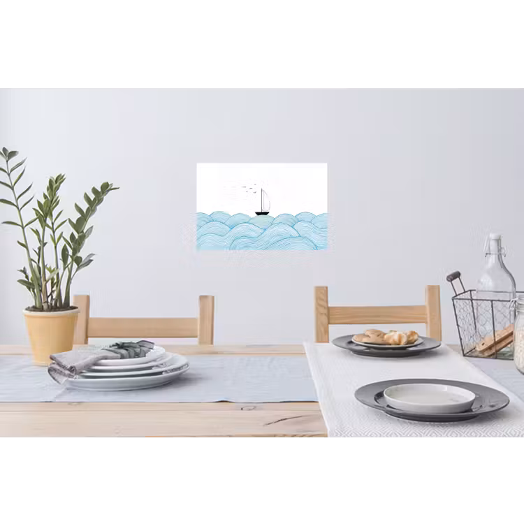 Zeilboot - Golven - Zee - Illustratie - Blauw Muursticker klein -eettafel