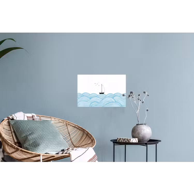 Zeilboot - Golven - Zee - Illustratie - Blauw Muursticker klein -plant