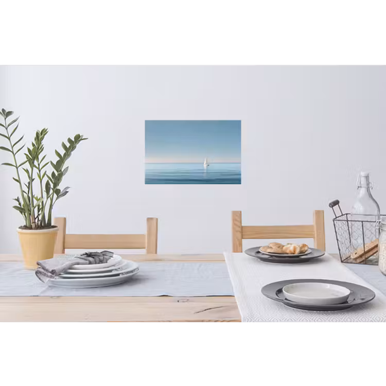 Zeilbootje - Kalme zee - Helderblauwe hemel Muursticker klein -eettafel