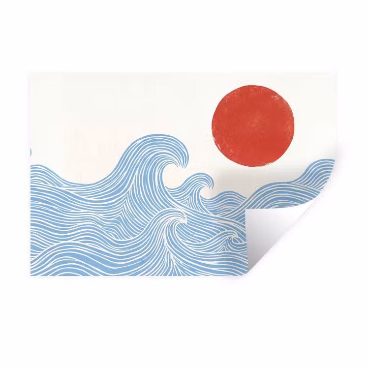 Zon - Golven - Oceaan - Abstract - Rood Muursticker klein -3d